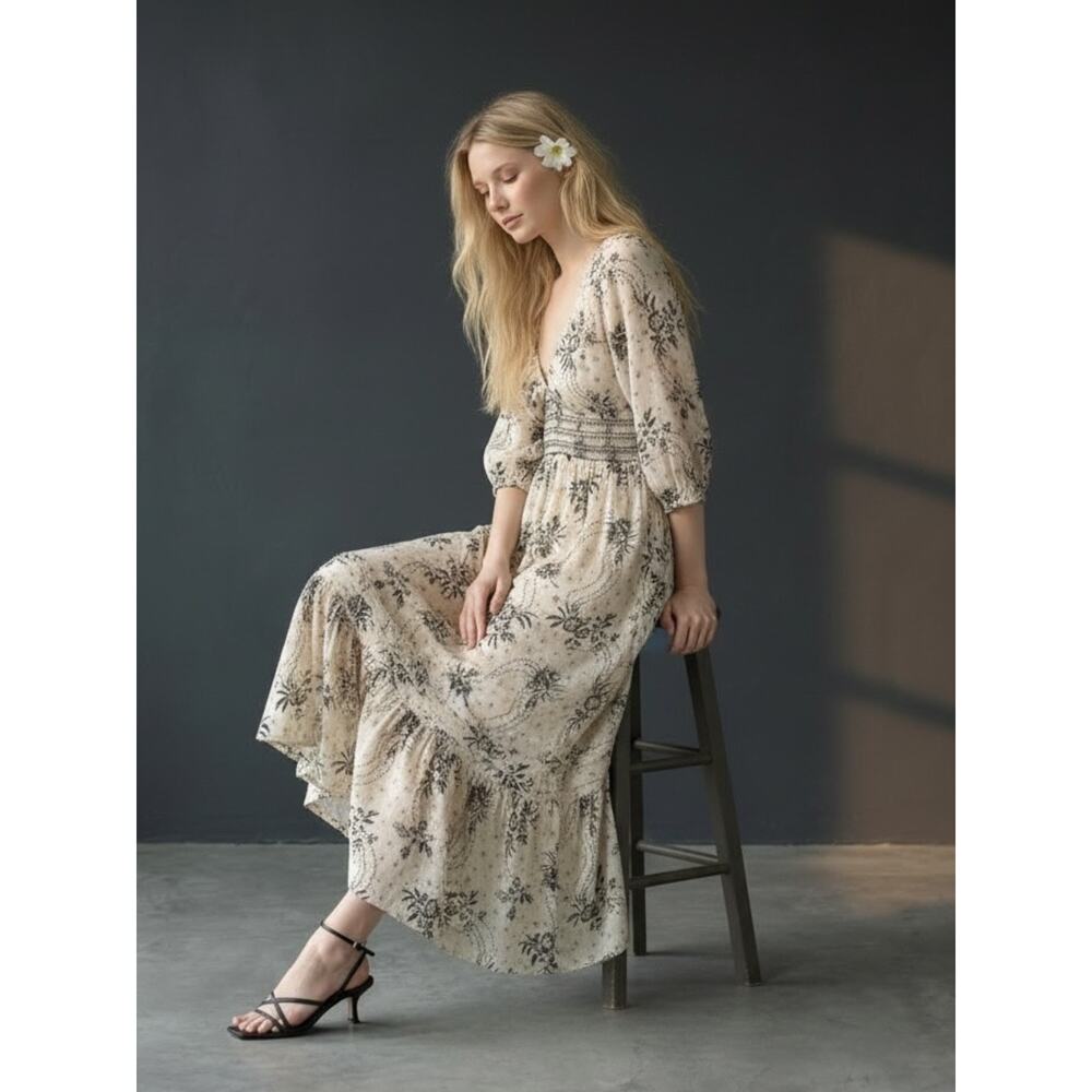 Free People Bohemian Billowy Ethereal Floral Golden Hour Maxi Dress Ivory Medium - Picture 5 of 12